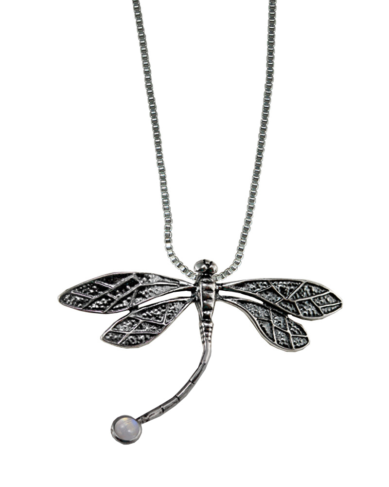 Sterling Silver Graceful Dragonfly Pendant With Rainbow Moonstone